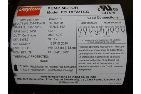 Dayton 2ZXT6 Self Priming Centrifugal Pump 2HP 3PH 3450RPM 60HZ 208 - 230/460V - Royal Equipment Royal Equipment