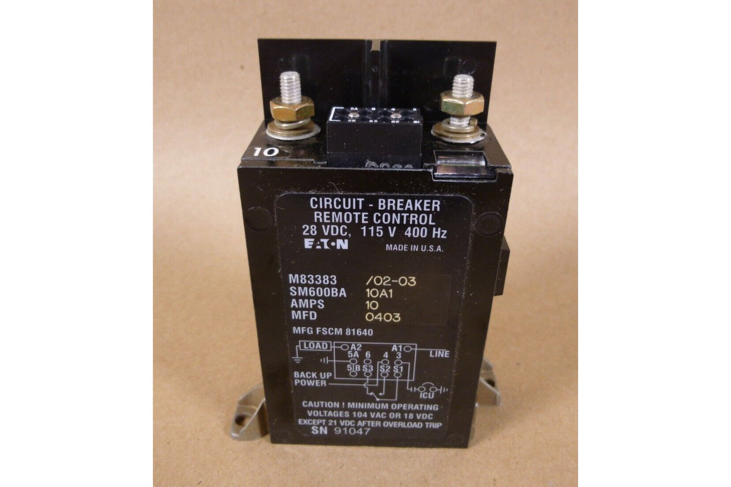 Eaton M83383/02-03 Remote Control Circuit Breaker 10A 28VDC 400Hz SM600BA10A1 | Electrical MRO Replacement Parts &amp; Components and Commercial Electrical Supplies Company