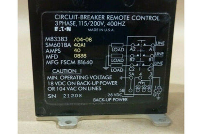 Eaton Remote Control Circuit Breaker SM601BA40A1 M83383/04-08 , 5925-01-110-1785 | Electrical MRO Replacement Parts &amp; Components and Commercial Electrical Supplies Company
