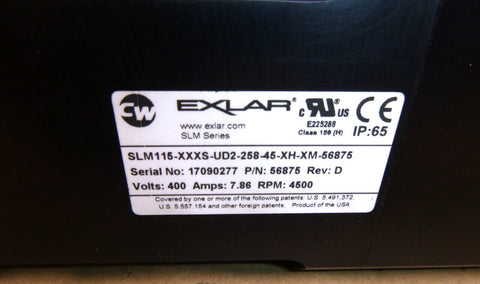 Exlar Servo Motor SLM115 - XXXS - UD2 - 258 - 45 - XH - XM, 400 Volt 4500 Rpm Spline Shaft - Royal Equipment EXLAR