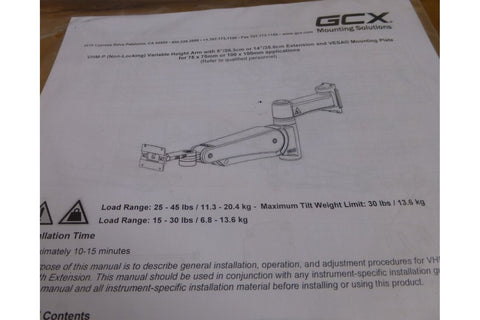 GCX VHM - P 15 - 30lbs Variable Height Arm w/ 8" Extension & VESA Mounting Plate - Royal Equipment GCXOther Business & Industrial