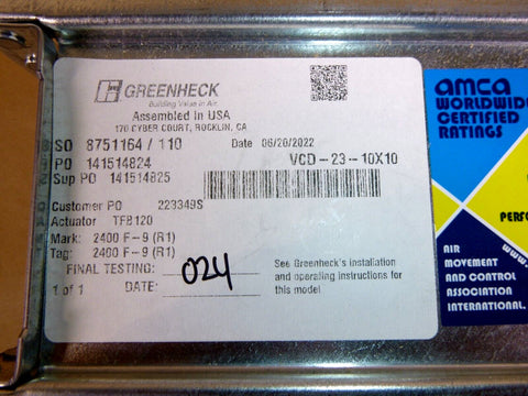 Greenheck Control Damper - VCD - 23 10"X10" W/ Belimo TFB120 Actuator - Royal Equipment GREENHECK