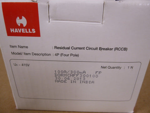 Havells DORMCMFF300100 FP RCCB Residual Current Circuit Breaker 100A 300mA 4Pole - Royal Equipment HAVELLS