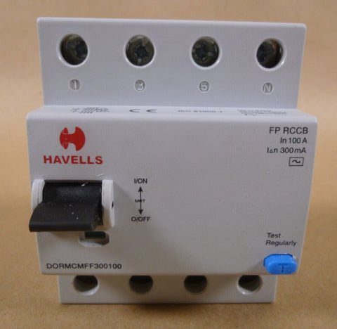 Havells DORMCMFF300100 FP RCCB Residual Current Circuit Breaker 100A 300mA 4Pole - Royal Equipment HAVELLS