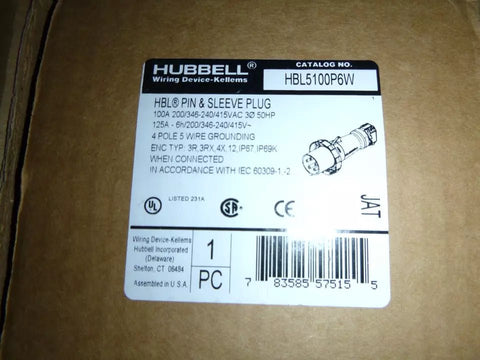 Hubbell HBL5100P6W Pin & Sleeve Male Plug 100/125A, 220 - 415Vac, 4 - Pole, 5 - Wire - Royal Equipment HUBBELL