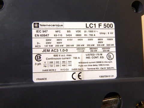 LC1F500 600 VAC 500 Amp 3 - Pole Full Voltage Non - Reversing IEC Contactor 110 Coil - Royal Equipment TELEMECANIQUE