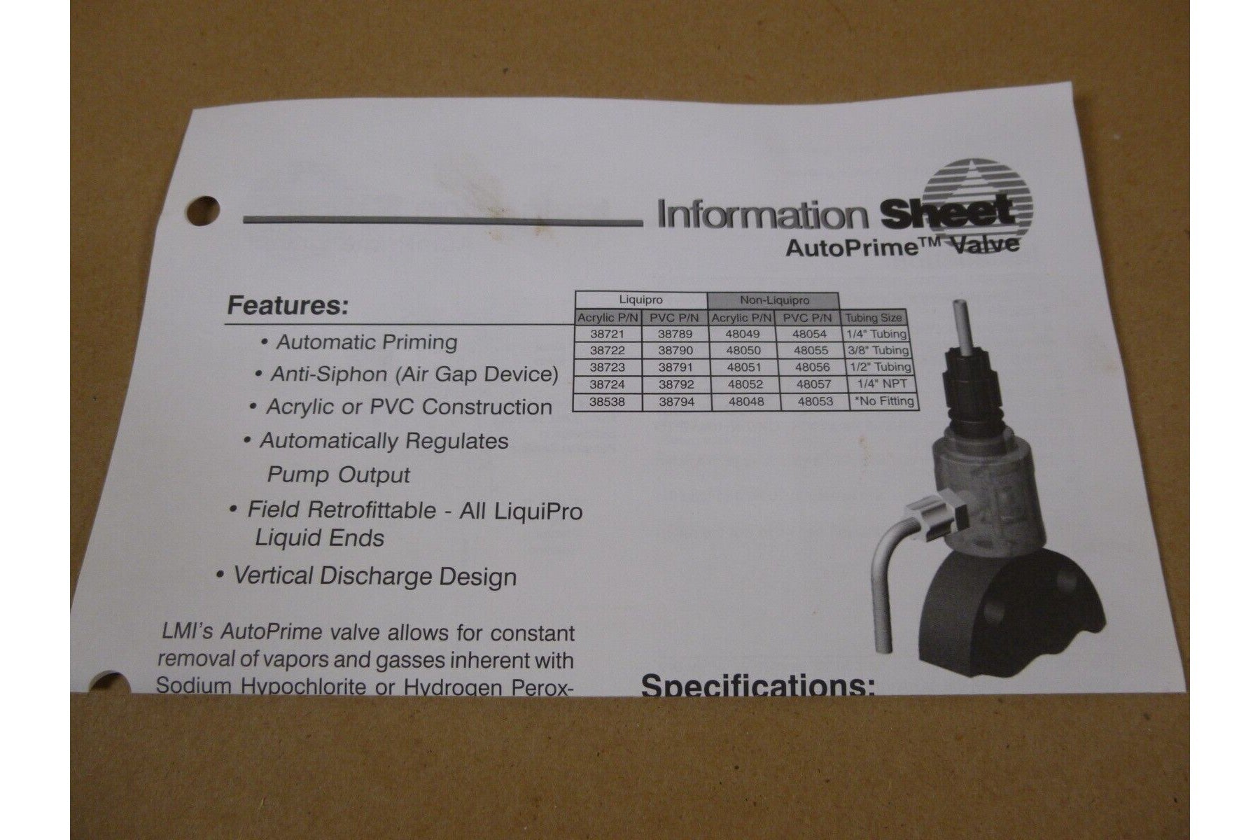 LMI Milton Roy 38794 Auto-Prime Valve 1/4" NPT PVC SD2/4 Metering Pump | Industrial MRO Replacement Parts, Manufacturing Machine Parts &amp; Components, Heavy Equipment Parts Supplier