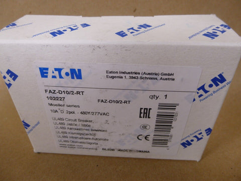 (Lot of 2) NEW Eaton FAZ - D10/2 - RT Circuit Breaker , 2 - Pole, 10A , 480Y/277VAC - Royal Equipment Eaton