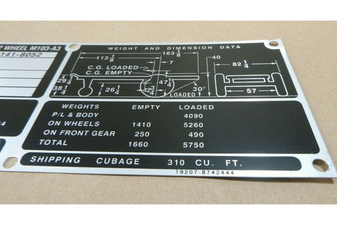 M103A3 1 - 1/2 TON TRAILER CHASSIS WEIGHT AND DIMENSION DATA PLATE METAL - Royal Equipment US ARMYOther Exterior Parts & Accessories