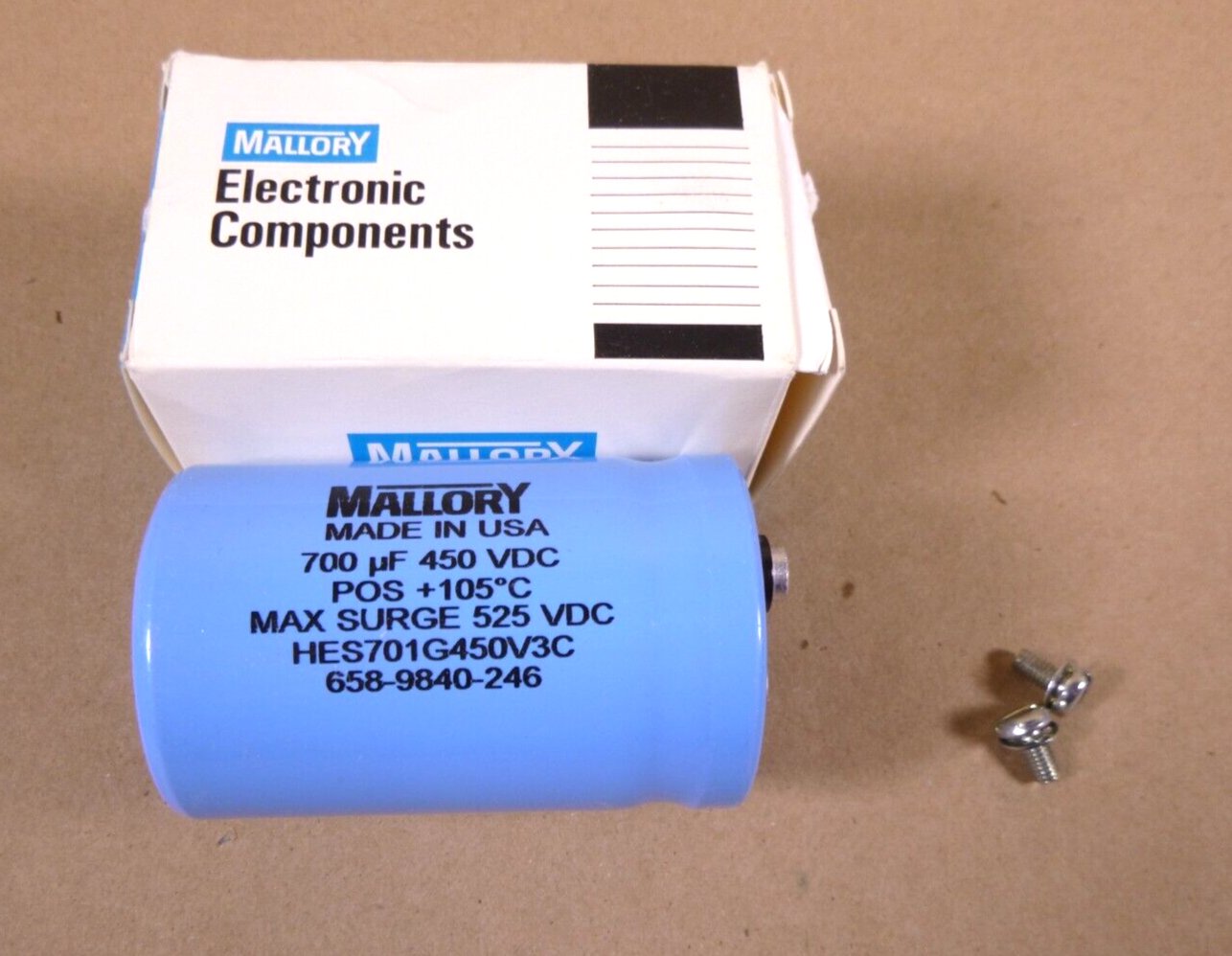 Mallory HES701G450V3C Electrolytic Capacitor, Screw, 700 µF 450 Vdc Made in USA | Electrical MRO Replacement Parts &amp; Components and Commercial Electrical Supplies Company