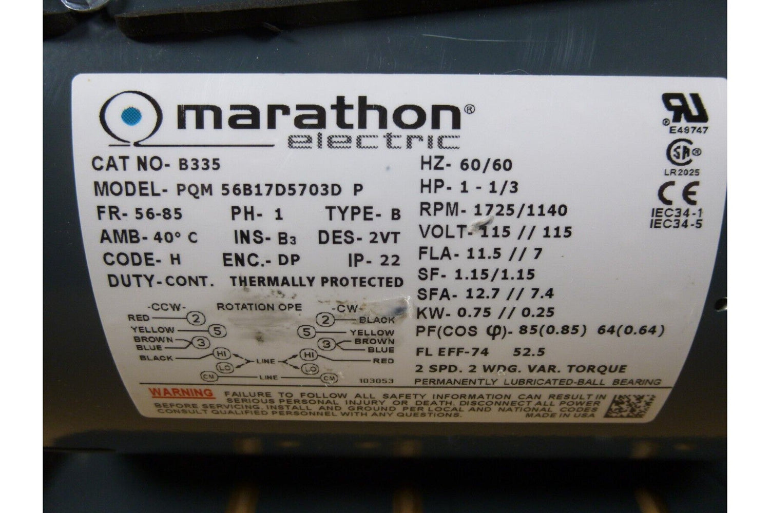Marathon B335 1HP, 1/3HP Fan Blower Motor, 2-Speed, 1 Phase, 1725/1140RPM 115V | Industrial Electric Motors, Pumps &amp; Parts