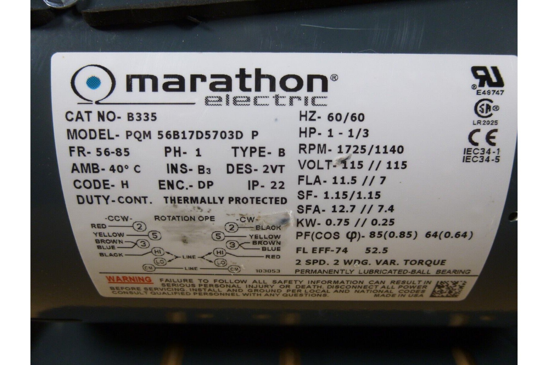 Marathon B335 1HP, 1/3HP Fan Blower Motor, 2-Speed, 1 Phase, 1725/1140RPM 115V | Industrial Electric Motors, Pumps &amp; Parts