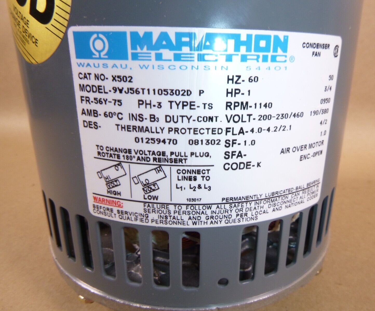 Marathon X502, 1 Hp. 3 Ph. 1075 RPM 56Y Condenser Fan Motor Carrier HD52SX670 | Industrial Electric Motors, Pumps &amp; Parts