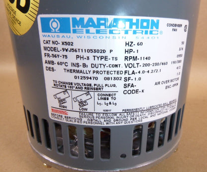 Marathon X502, 1 Hp. 3 Ph. 1075 RPM 56Y Condenser Fan Motor Carrier HD52SX670 | Industrial Electric Motors, Pumps &amp; Parts