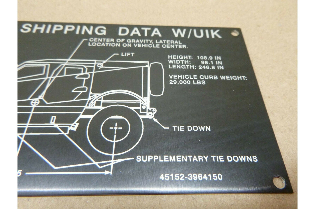 MATV M-ATV SHIPPING DATA W/ UIK WEIGHT TIE DOWN DECAL INSTRUCTION PLATE ALUMINUM | Genuine FMTV Replacement Parts, LMTV Parts For Sale and Military Surplus Medium Tactical Vehicle Parts &amp; Components