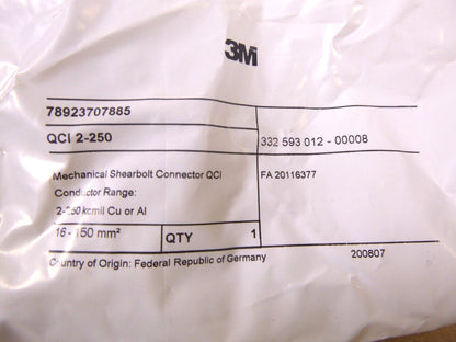 New 3M Shearbolt Connector QCI 2-250, 2 AWG/250 kcmil | Electrical MRO Replacement Parts &amp; Components and Commercial Electrical Supplies Company