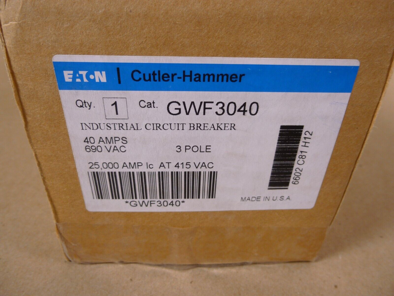 NEW Cutler-Hammer GWF3040 Circuit Breaker, G-frame, GWF, 3-pole, 40A, 415 Vac | Electrical MRO Replacement Parts &amp; Components and Commercial Electrical Supplies Company