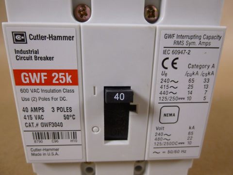 NEW Cutler - Hammer GWF3040 Circuit Breaker, G - frame, GWF, 3 - pole, 40A, 415 Vac - Royal Equipment CUTLER - HAMMER