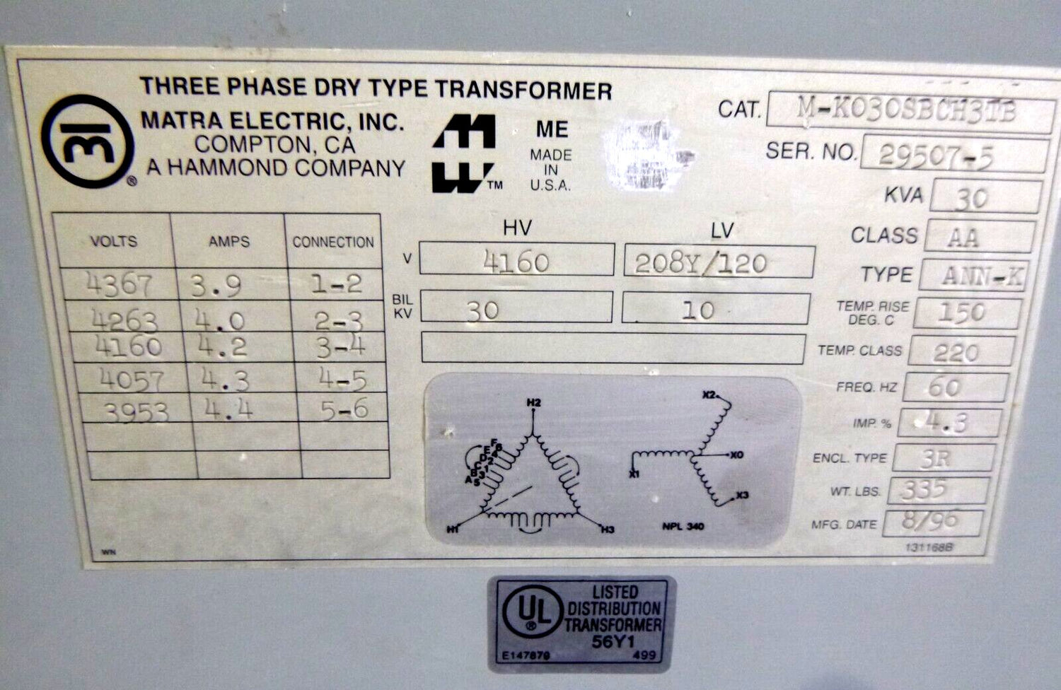 New Marta Electric 30 KVA 3 Phase 4160 - 208Y / 120 Volt Dry Transformer 60 Hz. | Electrical MRO Replacement Parts &amp; Components and Commercial Electrical Supplies Company