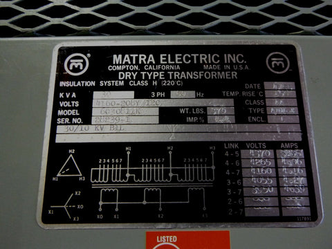 New Marta Electric 30 KVA 4160 - 208Y / 120 Volt Dry Transformer 3 Phase 60 Hz. - Royal Equipment MARTA ELECTRIC