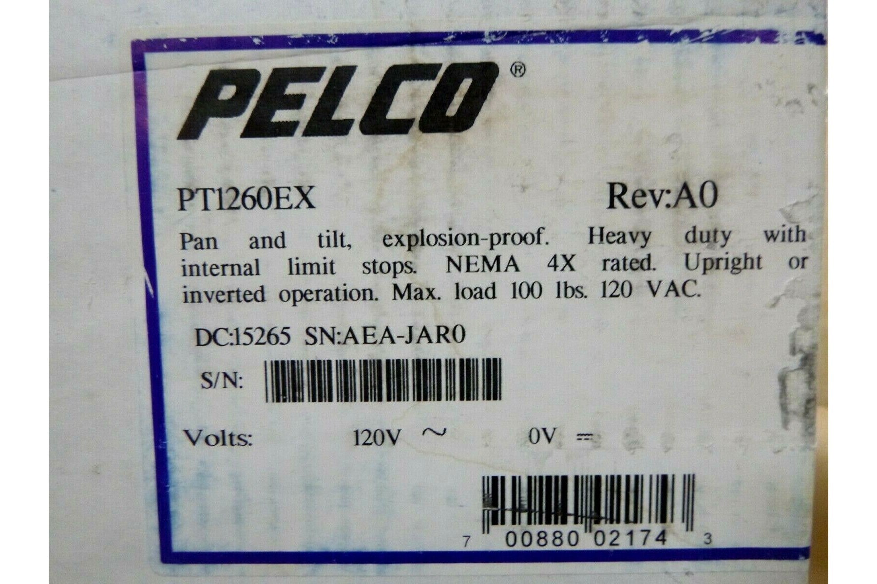 New Pelco PT1260EX Explosion-Proof Outdoor Pan/Tilt 120VAC PT1260EX/PP, U.S.A. | Electrical MRO Replacement Parts &amp; Components and Commercial Electrical Supplies Company