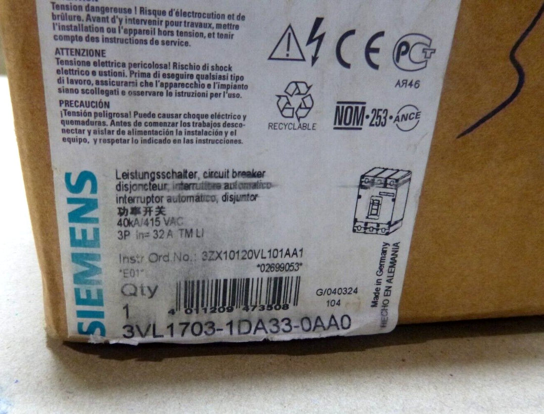 New Siemens Molded Case Circuit Breaker 3VL1703-1DA33-0AA0, 32 Amp, 3 Pole | Electrical MRO Replacement Parts &amp; Components and Commercial Electrical Supplies Company
