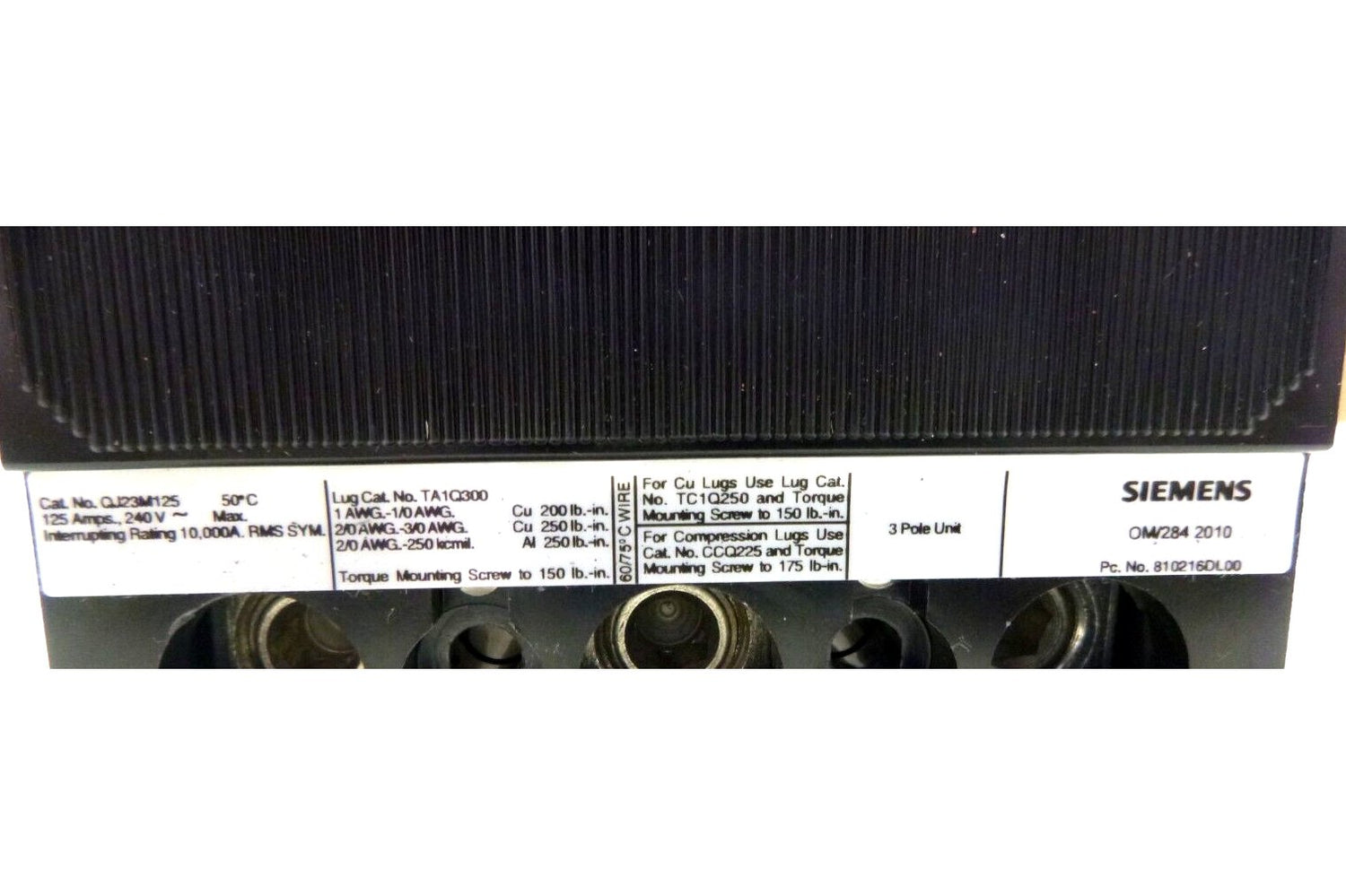 New Siemens QJ23M125, 3P 125A 240V 10KA 50C Molded Case Circuit Breaker | Electrical MRO Replacement Parts &amp; Components and Commercial Electrical Supplies Company