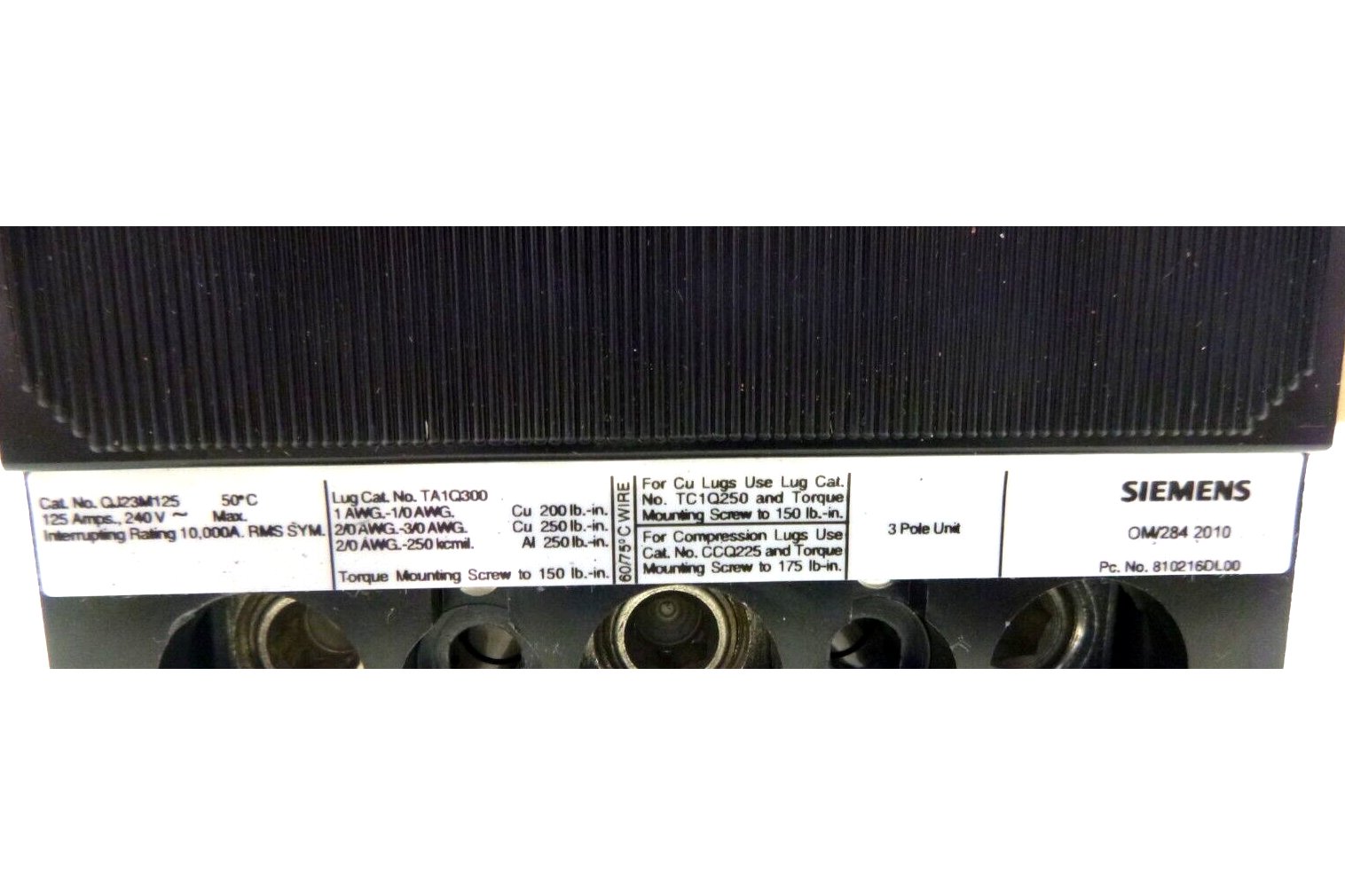 New Siemens QJ23M125, 3P 125A 240V 10KA 50C Molded Case Circuit Breaker | Electrical MRO Replacement Parts &amp; Components and Commercial Electrical Supplies Company