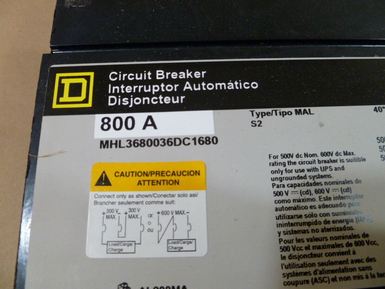 New Square D MHL3680036DC1680 Molded Case Circuit Breaker 600 Volt 800 Amp | Electrical MRO Replacement Parts &amp; Components and Commercial Electrical Supplies Company