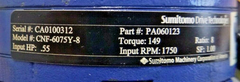 New Sumitomo Cyclo 6000 Reducer, CNF - 6075Y - 8, 8:1 Ratio, 1750 Rpm .55 Hp. Input - Royal Equipment SUMITOMO