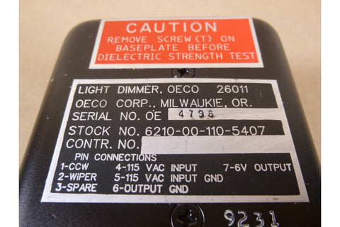 Oeco 26011 Dimmer Light Control C - 130 A7 Aircraft 218 - 27538 - 1 , 6210 - 00 - 110 - 5407 - Royal Equipment Royal Equipment