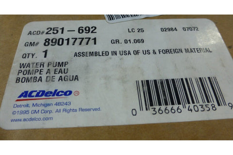 OEM ACDELCO 251 - 692 GM 89017771 WATER PUMP FOR SILVERADO SIERRA SUBURBAN 252 - 732 - Royal Equipment ACDelco ProfessionalEngine Water Pump