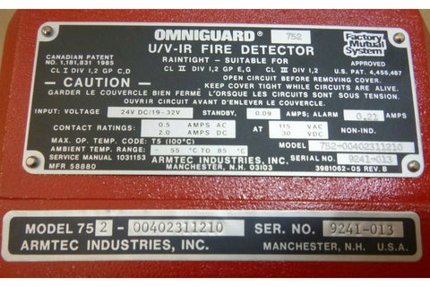 OMNIGUARD ARMTEC 752 ULTRAVIOLET INFRARED FIRE DETECTOR 24VDC / 19 - 32V , 0.21A - Royal Equipment Royal Equipment