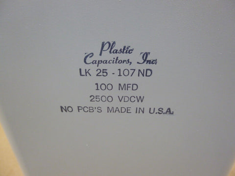 Plastic Capacitors Inc. LK25 - 107ND LK 25 - 107ND Capacitor 100MFD 2500VDCW USA - Royal Equipment PLASTIC CAPACITORS