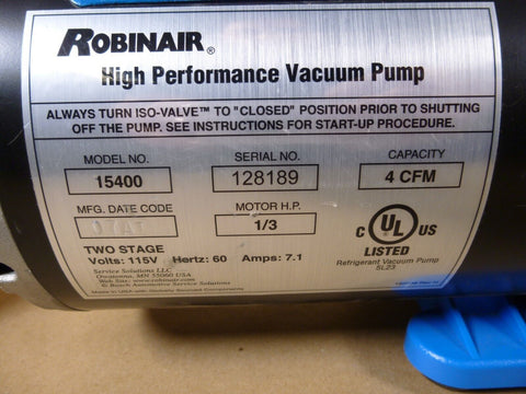 Robinair 15400 High Performance Vacuum Pump , 4 CFM , 1/3HP , Two Stage , 115V - Royal Equipment RABINAIR