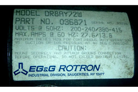 Rotron DR Industrial Regenerative Blower 7 - 1/2 HP 3 - Phase 230/460 Volts - Royal Equipment EG&G ROTRONRegenerative Blowers