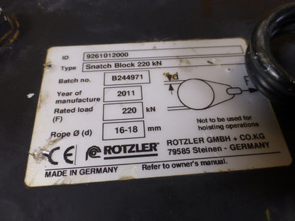 Rotzler GMBH Germany 9261012000 Snack Block , 220kN , 16-18mm Rope | Industrial MRO Replacement Parts, Manufacturing Machine Parts &amp; Components, Heavy Equipment Parts Supplier