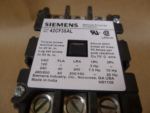 Siemens 42CF35AL Definite Purpose Contactor 3Pole 40A 277V - Royal Equipment Siemens