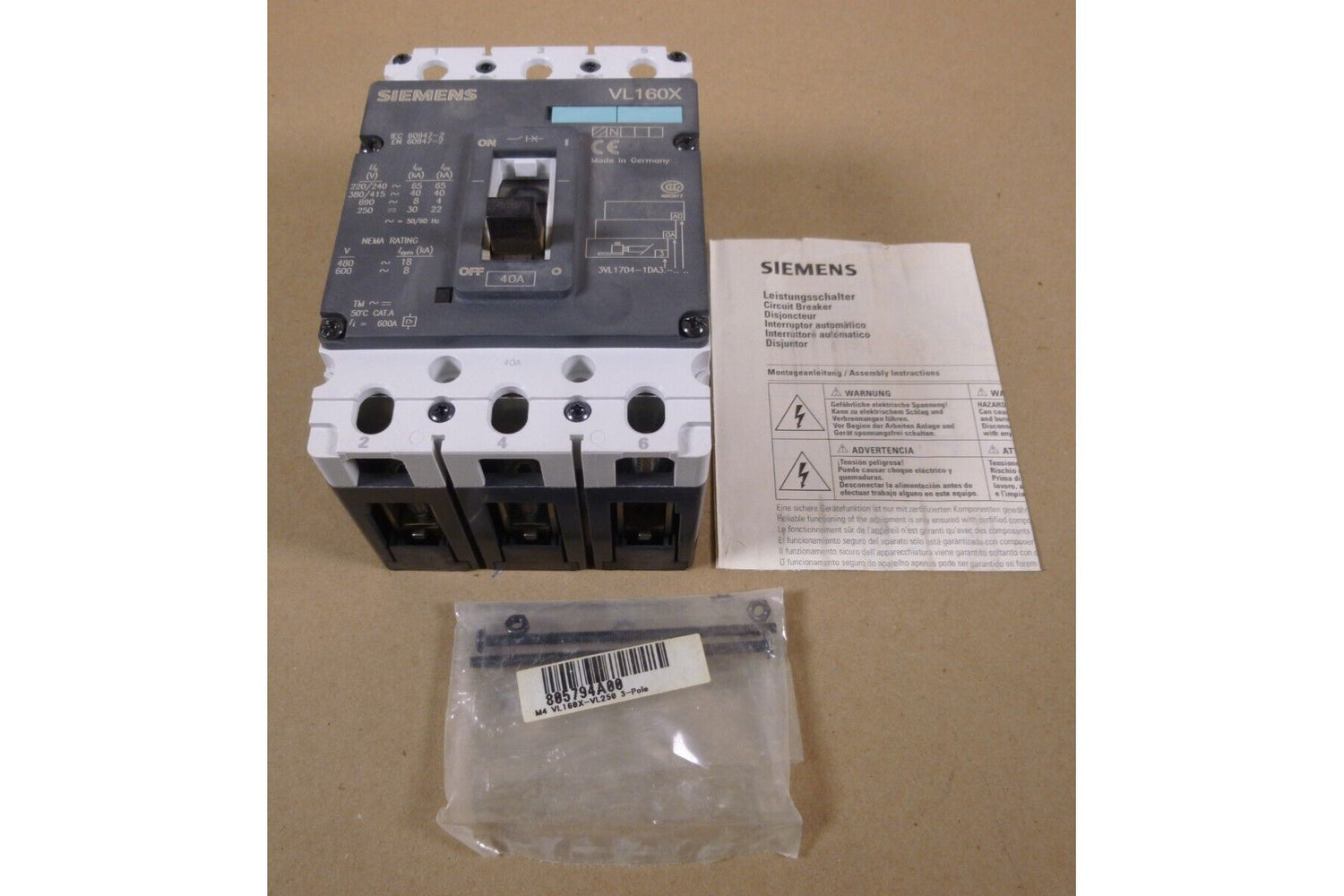 SIEMENS VL160X CIRCUIT BREAKER 40 AMPS 3VL1704-1DA33-0AA0-Z NEW | Electrical MRO Replacement Parts &amp; Components and Commercial Electrical Supplies Company