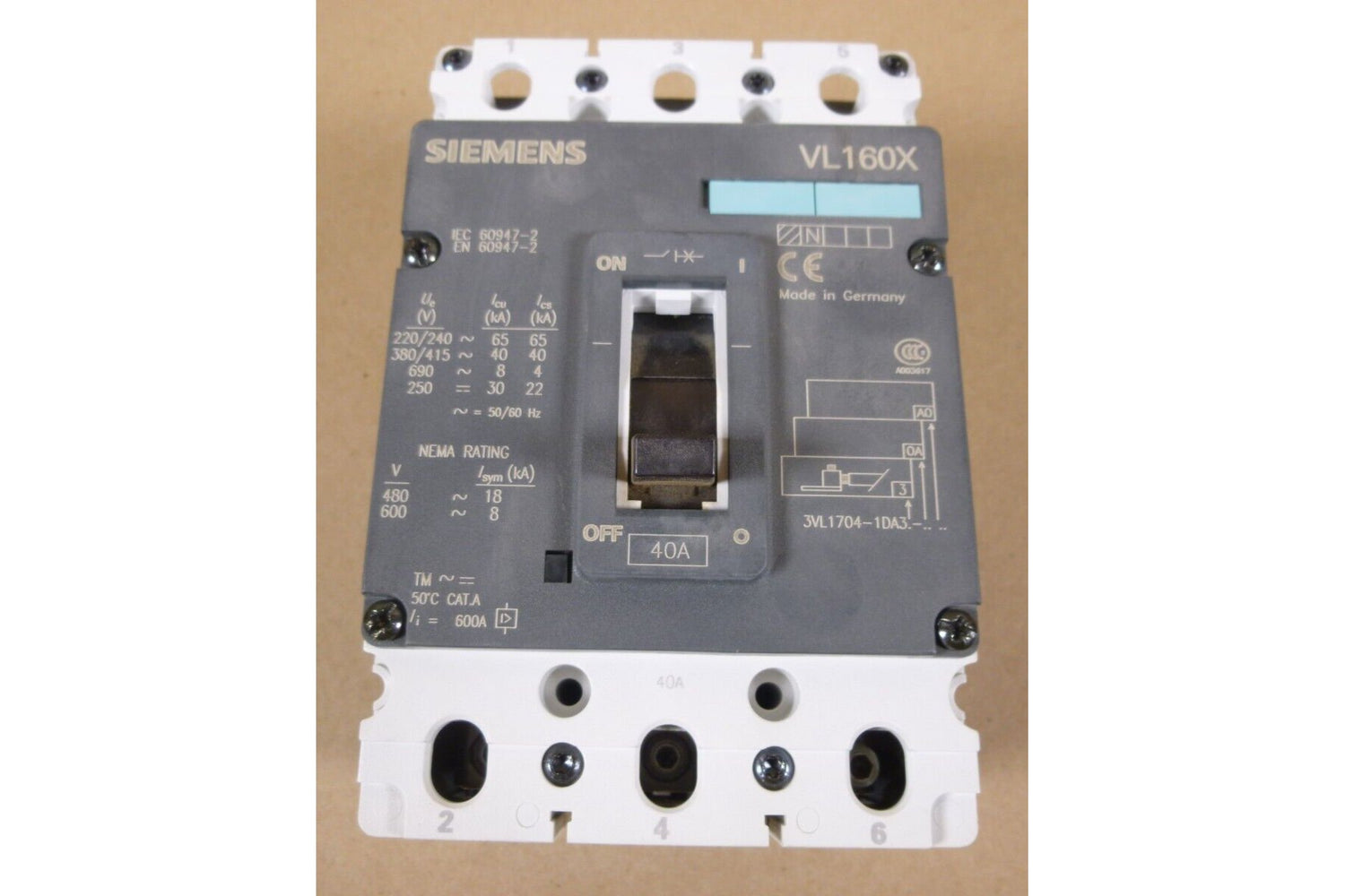 SIEMENS VL160X CIRCUIT BREAKER 40 AMPS 3VL1704-1DA33-0AA0-Z NEW | Electrical MRO Replacement Parts &amp; Components and Commercial Electrical Supplies Company