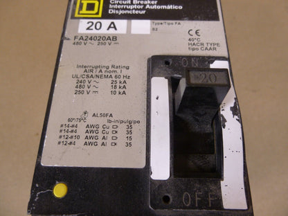 Square D Circuit Breaker 20A 2 Pole 480V 250V FA24020AB | Electrical MRO Replacement Parts &amp; Components and Commercial Electrical Supplies Company