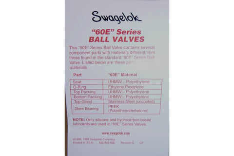 Swagelok 3 - Piece 60E Series Ball Valve, 1/2" Tube, Oval Handle SS - 63ES8 - LLK - NL - Royal Equipment Royal Equipment