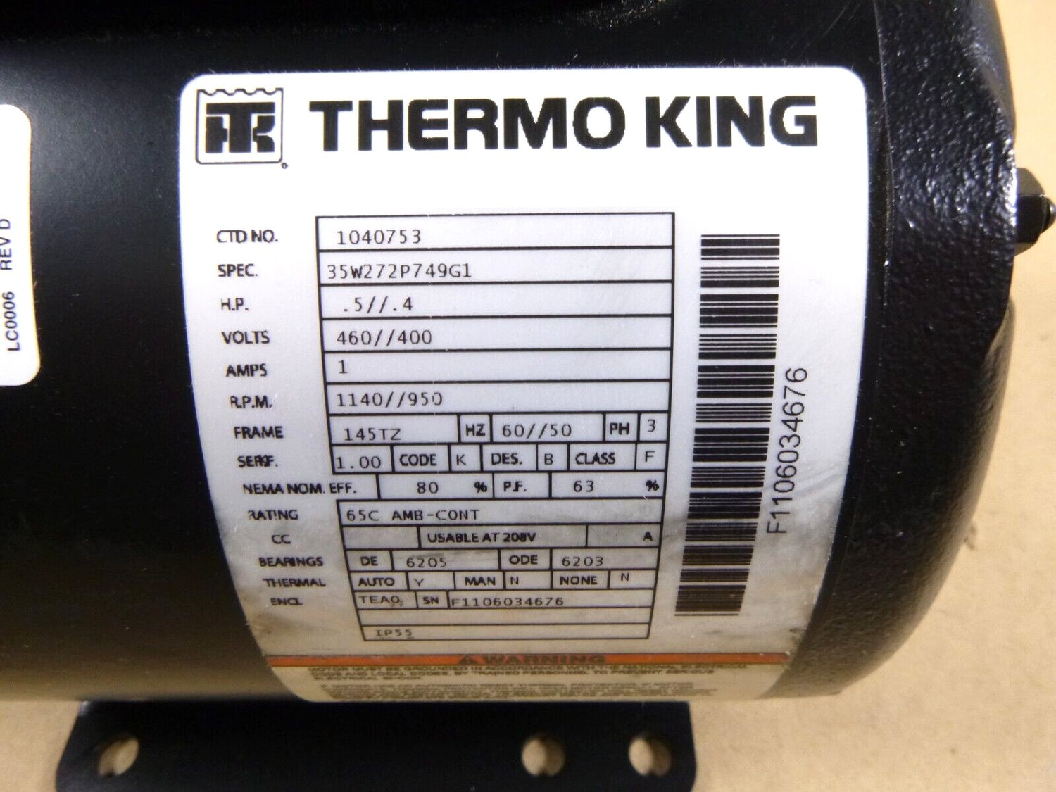 Thermo King 1040753, 104-0753 Container Reefer Electric Motor .5/.4 HP, 3 Phase | Industrial Electric Motors, Pumps &amp; Parts