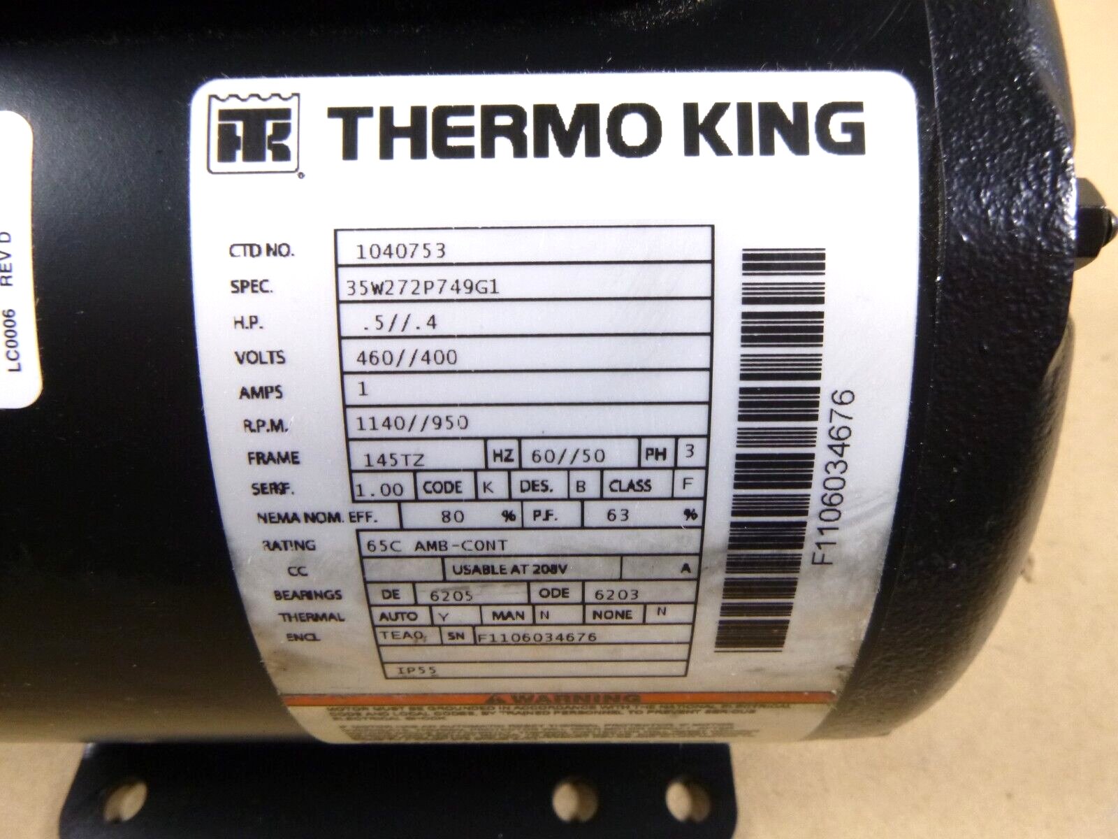Thermo King 1040753, 104-0753 Container Reefer Electric Motor .5/.4 HP, 3 Phase | Industrial Electric Motors, Pumps &amp; Parts