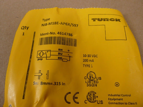 Turck NI8 - M18E - AP6X/S97 Proximity Switch 10 - 30VDC 200mA Type 1 8mm USA - Royal Equipment TURCK