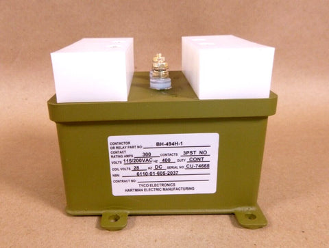 TYCO Electronics BH - 494H - 1 Contactor 3PST NO, 400 Hz. 28 Vdc Coil, 300 Amp - Royal Equipment Tyco