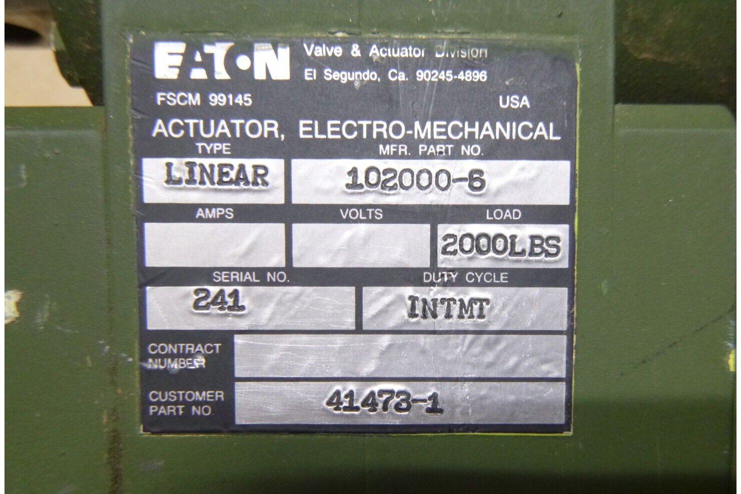 USGI Eaton 102000-6 Landing Gear Actuator (Untested For Parts) | Industrial MRO Replacement Parts, Manufacturing Machine Parts &amp; Components, Heavy Equipment Parts Supplier