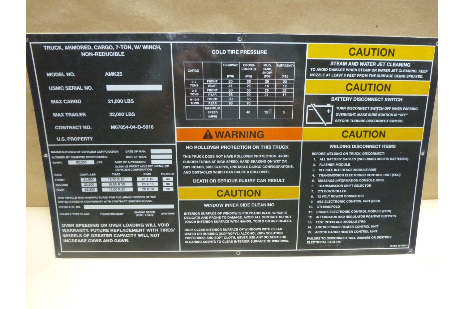 USGI MK25 7-Ton MTVR W/ Winch Nameplate Identification Kit 9905-01-611-5307 | Genuine MEP Generator Replacement Parts and Military Surplus Generator Parts