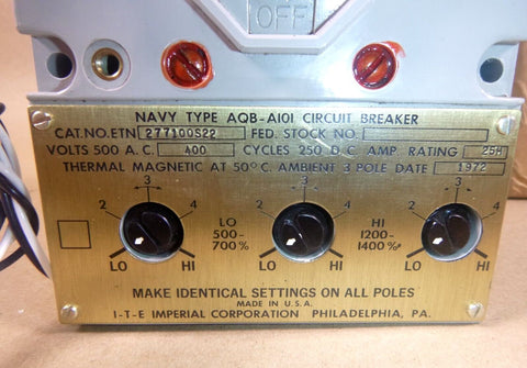 USGI Navy Type AQB - A101 Molded Case Circuit Breaker ETN277100S22, 25 Amp 400 Hz. - Royal Equipment I - T - E