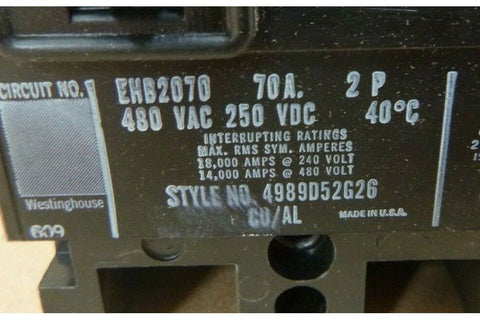 WESTINGHOUSE TYPE - EHB 480VAC 250VDC 70A 2 - POLE CIRCUIT BREAKER EHB2070 - Royal Equipment Royal Equipment